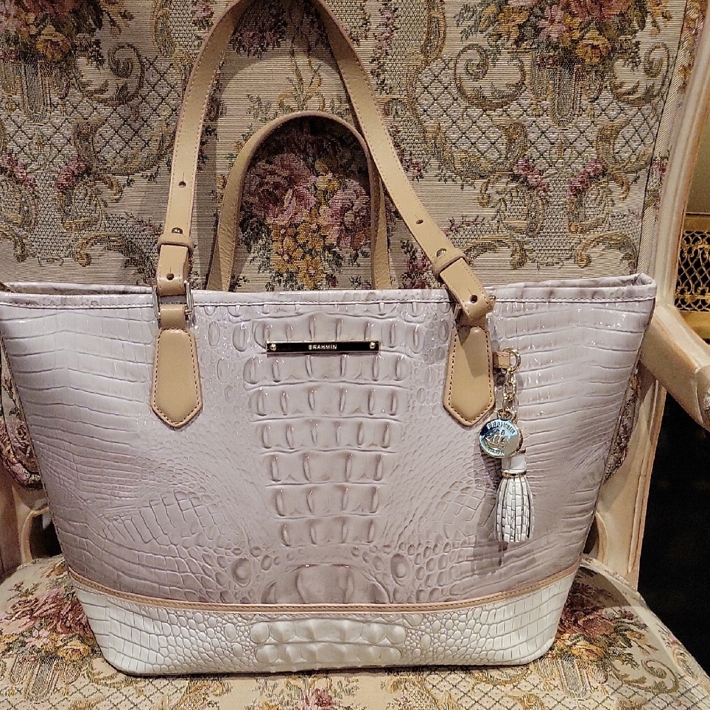 Brahmin Crocodile Embossed Tote - Cream and Tan